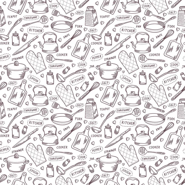 Kitchen cook vector seamless pattern. Kitchenware elements background in sketch style. Cooking monochrome design texture in colors of white and brown — Stock Vector