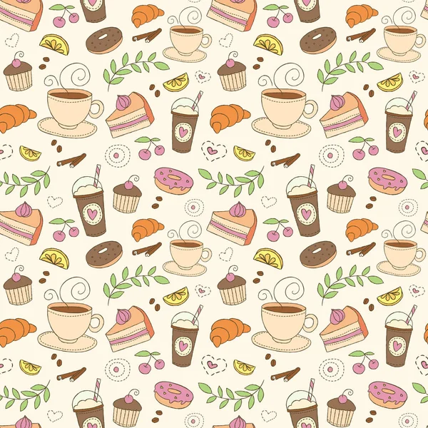 咖啡和糖果无缝矢量模式。五颜六色的背景，有杯子、甜点、浆果、水果和植物元素。饮料和食品米色设计纹理在涂鸦风格 — 图库矢量图片