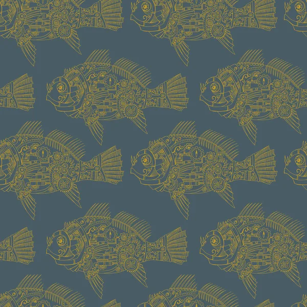 Steampunk mekanik balık dikişsiz vektör deseni. Metal balık ve dişliler, fındık, vida ve mekanizmalar ile Vintage arka plan. Grafit ve altın renklerde makine yaratık tasarım dokusu