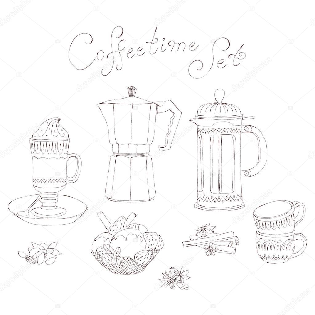Vintage coffeetime vector illustration set. Tableware elements of coffee cups, percolators and sweets in sketch style. Drinks and desserts hand drawn collection for different design
