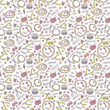 El yapımı takı elemanları ve araçları vektör dikişsiz desen. Boncuk lar ve aksesuarlar kroki tarzında renkli arka plan. Beyaz, gri, yeşil ve pembe renklerde elle çizilmiş tasarım dokusu