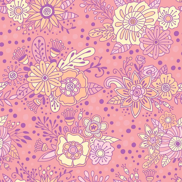 Ramos de flores vector patrón sin costura. Fondo floral decorativo rosa. Flores, plantas y hierbas textura colorida en estilo garabato — Vector de stock