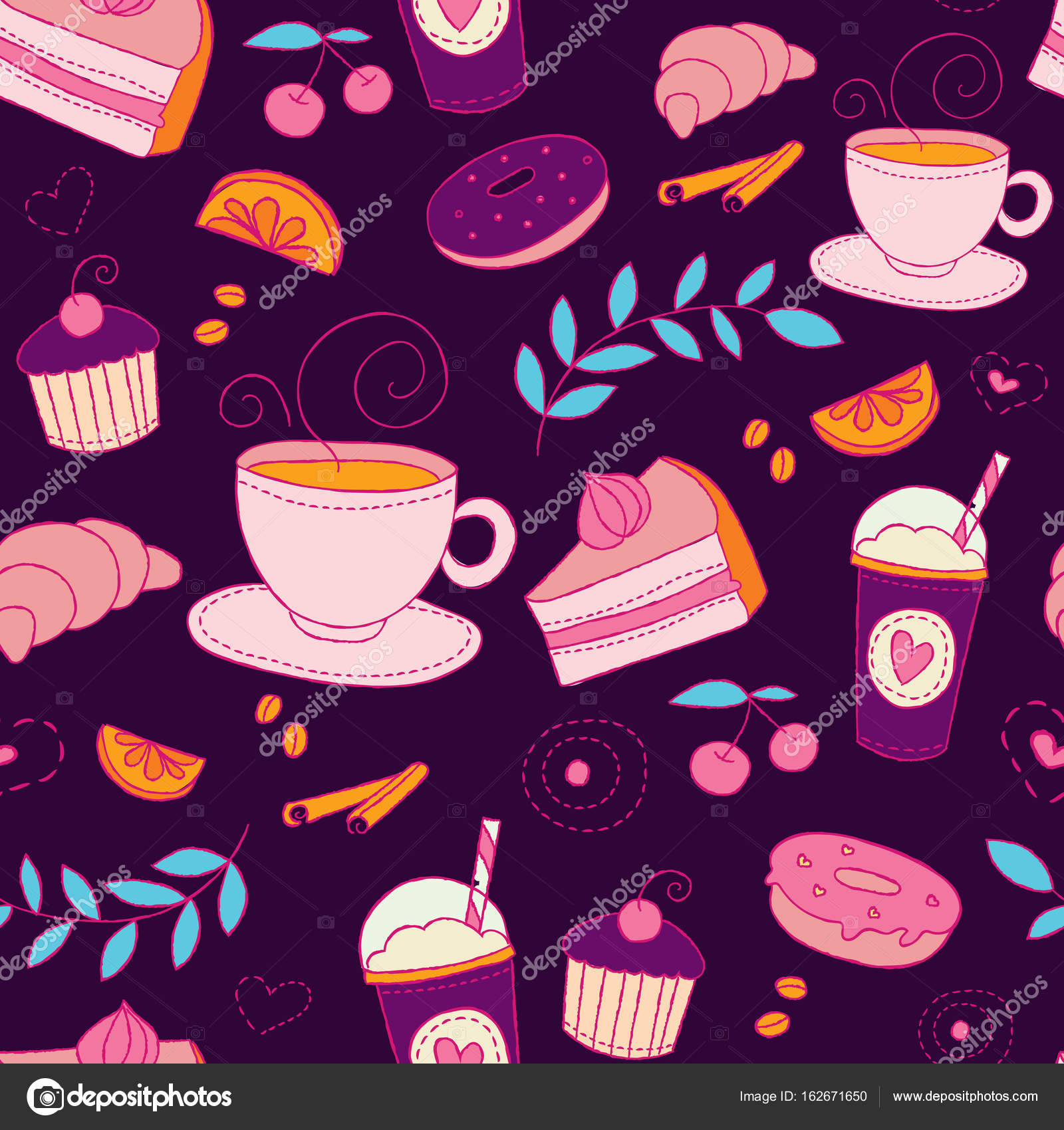 Modello senza cuciture di caff¨ e dolci Sfondo colorato con tazze dessert bacche frutti e piante elementi — Vettoriali di 2shoes4blues