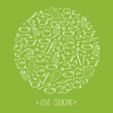 Mutfak yemek yuvarlak tasarım öğesi yeşil arka planda. Elle çizilmiş mutfak aksesuarları yazı yemek aşk ile resimde daire içine alın. Ayrıntılar kroki tarzı yemek toplama