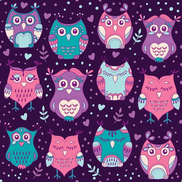 Chouettes des forêts mignon vecteur motif sans couture. Fond dessiné à la main de beaux oiseaux dans les couleurs de violet, bleu et rose. Texture de conception de personnages doux dans le style doodle — Image vectorielle