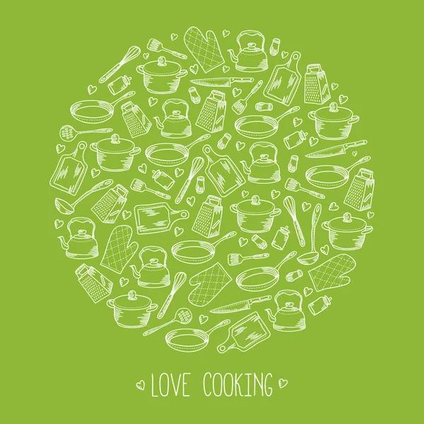 Mutfak yemek yuvarlak tasarım öğesi yeşil arka planda. Elle çizilmiş mutfak aksesuarları yazı yemek aşk ile resimde daire içine alın. Ayrıntılar kroki tarzı yemek toplama