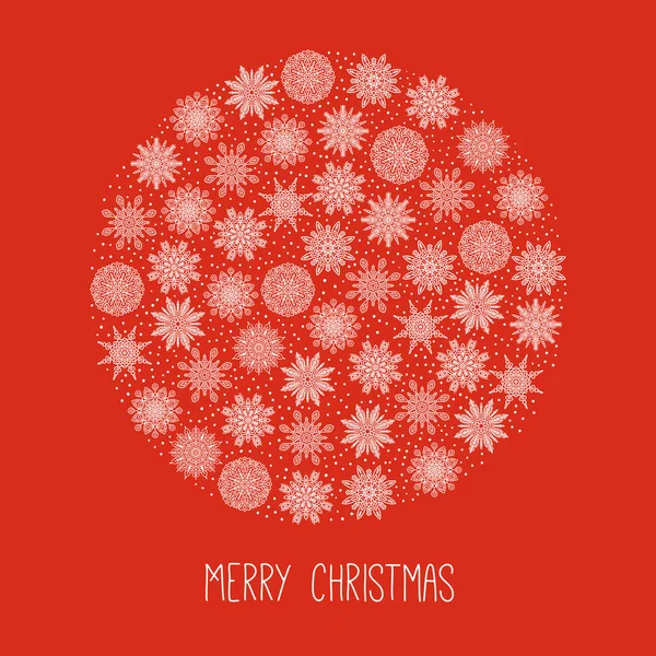 Schneeflocken-Vektor-Postkartendesign. Winter rundes Element auf rotem Hintergrund. Hand gezeichneter Kreis Schneeflocken mit frohen Weihnachten Schriftzug — Stockvektor