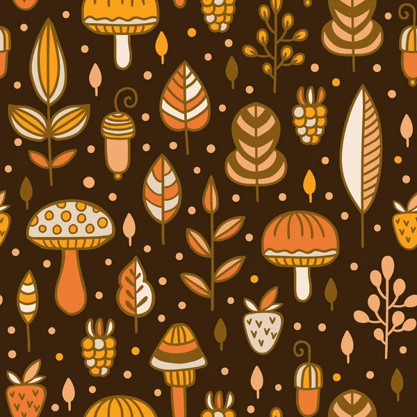 Forest seamless vector pattern with leaves, berries and mushrooms. Hand drawn background with plants in doodle style. Botanic design texture in colors of brown, orange and beige — Stock Vector