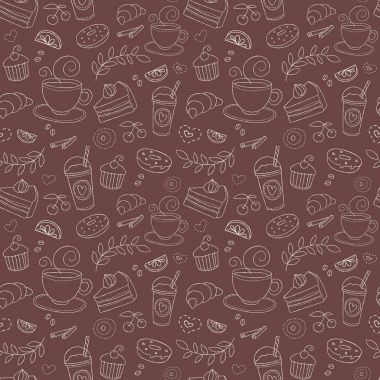 Kahve ve tatlı Dikişsiz desen vektör. Tek renkli kahverengi arka plan beyaz bardak, tatlılar, çilek, meyve ve öğeleri bitkiler. İçecek ve gıda tasarım doku doodle kroki tarzı