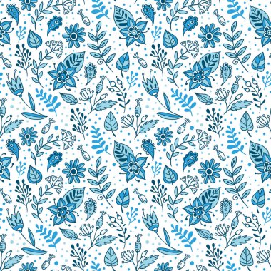 Dikişsiz desen vektör çiçek ve otlar. Mavi ve Beyaz yaprakları ve bitkiler çiçek arka plan. El yaz veya bahar botanik doku doodle tarzında çekilmiş.