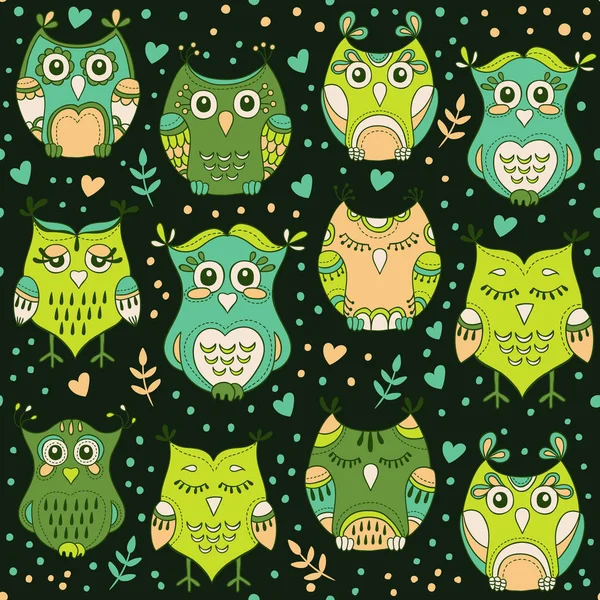 Cute forest owls vector seamless pattern. Hand drawn lovely birds background in colors of green. Sweet characters design texture in doodle style — Stock Vector