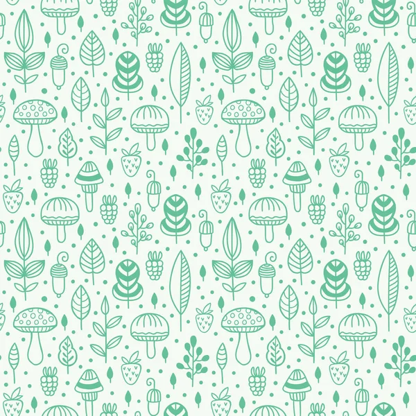 Forest seamless vector pattern with leaves, berries and mushrooms. Hand drawn background with plants in doodle style. Botanic monochrome design texture in colors of mint green and white — Stock Vector