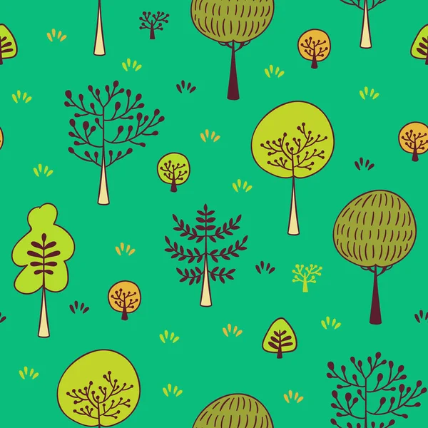 Foresta alberi modello vettoriale senza soluzione di continuità. Sfondo disegnato a mano con piante, erba, cespugli e funghi in stile doodle. Struttura di design botanico nei colori verde, giallo e arancione — Vettoriale Stock