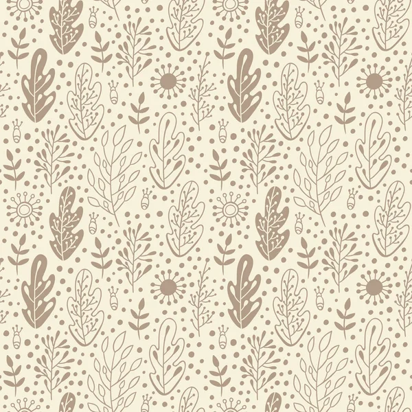 Forest leaves seamless vector pattern. Botanic texture with hand drawn elements in doodle style. Spring or summer nature monochrome background in colors of vintage  brown and beige — Stock Vector