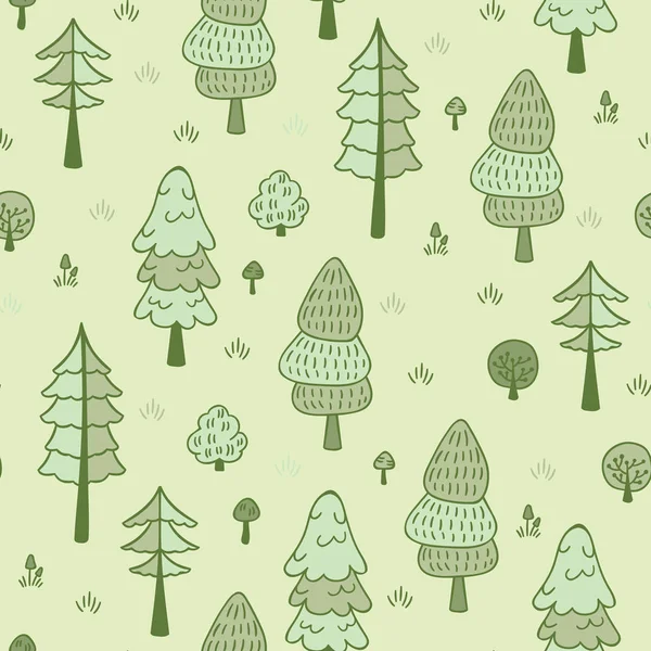 Forest trees seamless vector pattern. Hand drawn background with pines, grass, bushes and mushrooms in doodle style. Botanic design texture in colors of green and beige — Stock Vector