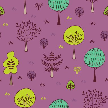 Orman sorunsuz vektör desen ağaçları. Elle çizilmiş arka plan bitki, ot ve çalılar doodle tarzı ile. Botanik tasarım doku renkleri yeşil ve mor