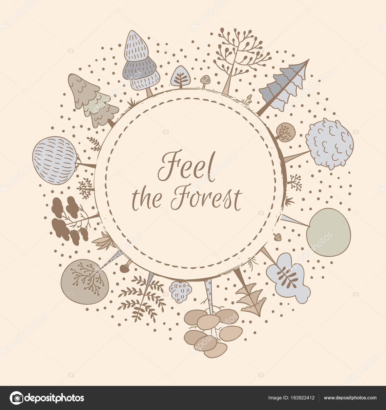Foresta tondo ornamento di vettore con decorazione cornice marrone beige e grigio Disegno della cartolina di Doodle alberi — Vettoriali di 2shoes4blues