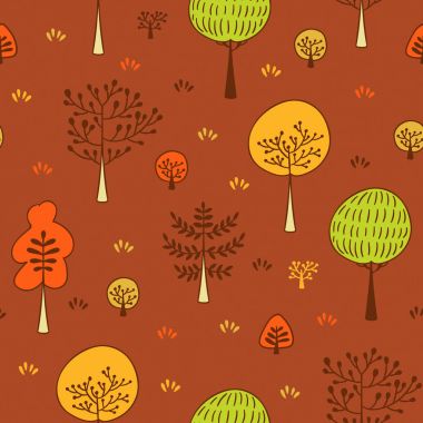   Orman sorunsuz vektör desen ağaçları. Elle çizilmiş arka plan bitki, ot ve çalılar doodle tarzı ile. Botanik tasarım doku kahverengi, yeşil ve turuncu renklerde