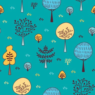 Orman sorunsuz vektör desen ağaçları. Elle çizilmiş arka plan bitki, ot ve çalılar doodle tarzı ile. Botanik tasarım doku renkleri mavi ve sarı