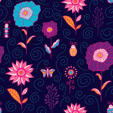 Çiçekler, yapraklar ve vektör Dikişsiz desen rahatsız ediyor. Bahar ve yaz çiçek koyu arka plan. Elle çizilmiş doodle tarzı botanik doku
