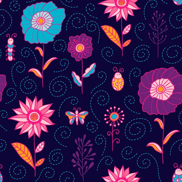 Flores, hojas y insectos vector patrón sin costuras. Primavera y verano fondo floral oscuro. Textura botánica dibujada a mano en estilo doodle — Vector de stock