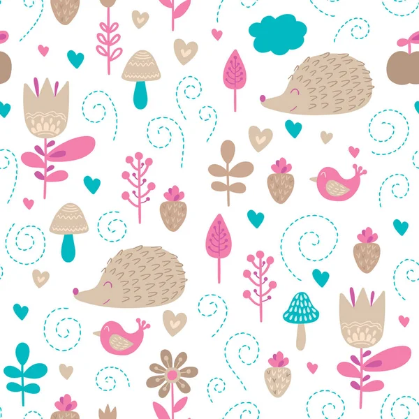 Forest friends vector seamless pattern. Kids colorful background with cute animals, birds and plants. Lovely childish texture with hedgehogs, flowers and hearts