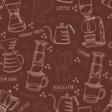 Alternatif yöntemler bira Kahve ibrikleri, kahve çekirdekleri ve yazı ile seamless modeli. Vintage kahverengi ve bej vektör arka plan. El çekilmiş kahve kap ve doku tasarım kaynar su öğeleri