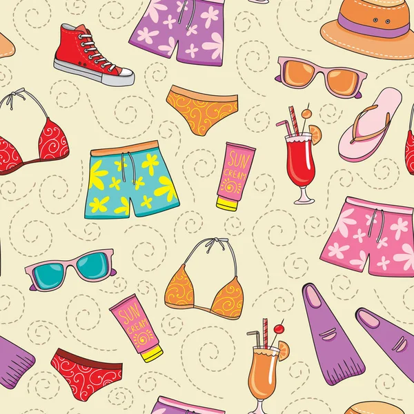 Beach vacation colorful seamless vector pattern. Summer holiday background with sand, sunglasses, cocktails, swimsuits, sunscreens, slippers, flippers and sneakers. Hand drawn beach relax illustration — Stock Vector