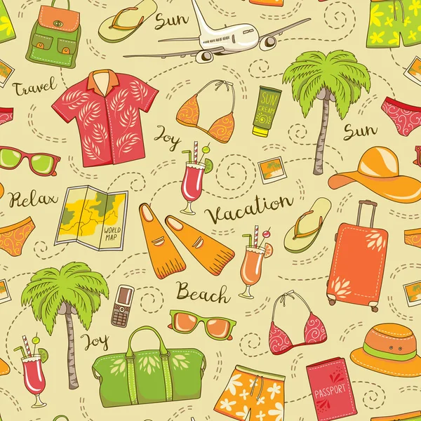 Strand vakantie naadloze vector patroon. Kleurrijke zomer reizen achtergrond met badpakken, zonnebrillen, cocktails, tassen, hoeden, kaarten, palm bomen en vliegtuigen. Hand getekende strand ontspannen illustratie — Stockvector