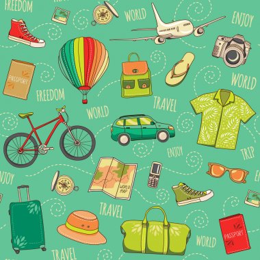 Dünya seyahat vektör seamless modeli. El ile sepya arka planı yeşil tatil öğeleri çizilmiş. Yolculuk tasarlamak ulaşım, çanta, Giysi, haritalar, Pasaportlar, kameralar ve pergel ile