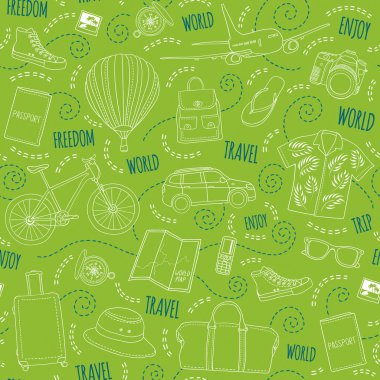 Dünya seyahat vektör seamless modeli. Yeşil arka plan ile çizilmiş tatil öğeleri ver. Yolculuk tasarlamak ulaşım, çanta, Giysi, Ayakkabı, haritalar, Pasaportlar, kameralar ve pergel ile