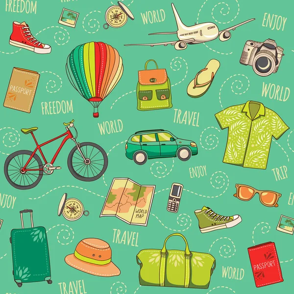 Dünya seyahat vektör seamless modeli. El ile sepya arka planı yeşil tatil öğeleri çizilmiş. Yolculuk tasarlamak ulaşım, çanta, Giysi, haritalar, Pasaportlar, kameralar ve pergel ile