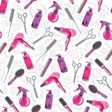 Haircraft vektör seamless modeli. Saç profesyonel salon arka plan renkleri pembe, mor ve gri kesme. Doku doodle tarzı tasarım Kuaför ekipmanları öğeleri