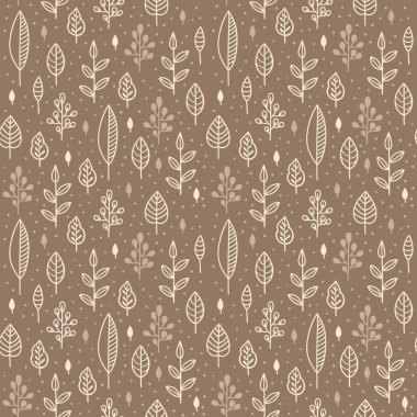 Orman tatlı sorunsuz vektör desen bırakır. Botanik tek renkli arka plan renkleri kahverengi ve bej