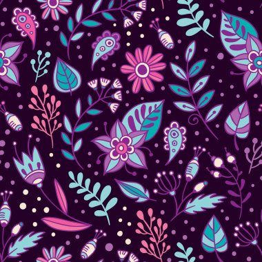 Dikişsiz desen vektör çiçek ve otlar. Mor, pembe ve mavi yaprakları ve bitkiler çiçek arka plan