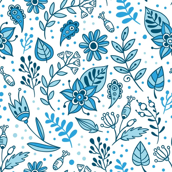 Flores y hierbas vector patrón sin costura. Fondo floral con hojas y plantas azules y blancas — Vector de stock