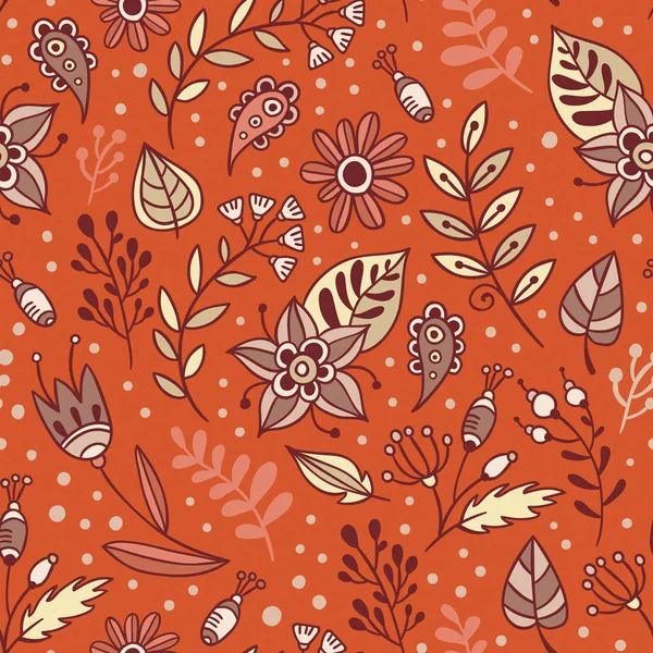 Flores y hierbas vector patrón sin costura. Fondo floral con hojas y plantas de color naranja, marrón y beige — Vector de stock