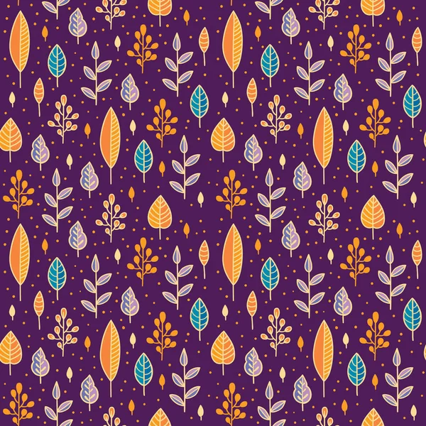 Bosque deja dulce patrón de vectores sin costura. Fondo botánico en colores púrpura, azul y naranja — Vector de stock