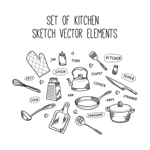 Cucina cucinare schizzo elementi vettoriali. Set di accessori da cucina disegnati a mano in stile doodle — Vettoriale Stock