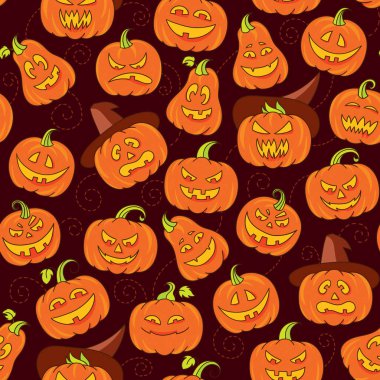 Halloween korkunç kabaklar vektör seamless modeli. Turuncu komik kabak yüzü doodle tarzı olan koyu kahverengi zemin