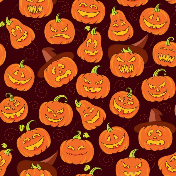 Halloween dovleci înfricoșător model fără sudură. Fundal maro închis cu fețe de dovleac amuzante portocalii în stil doodle — Vector de stoc