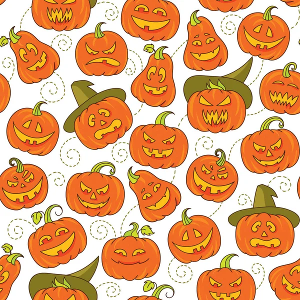 Halloween dovleci înfricoșător model fără sudură. Fundal alb deschis cu fețe de dovleac amuzante portocalii în stil doodle — Vector de stoc