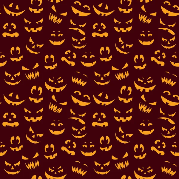 Halloween miedo calabaza caras vector patrón sin costuras. Fondo marrón oscuro con ojos y bocas de monstruo amarillo luminoso — Vector de stock