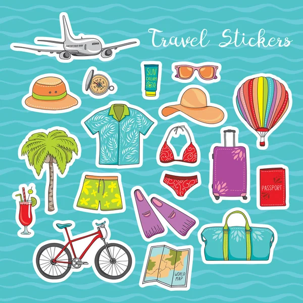 Wereld reizen vector stickers. Hand getrokken vakantie elementen voor het ontwerp van de etiketten en labels — Stockvector