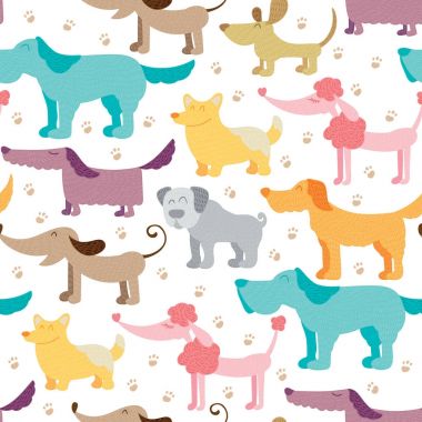   Köpek arkadaş vektör seamless modeli. Evcil hayvan ve izini sürmek renkli arka planda çocukça Stil