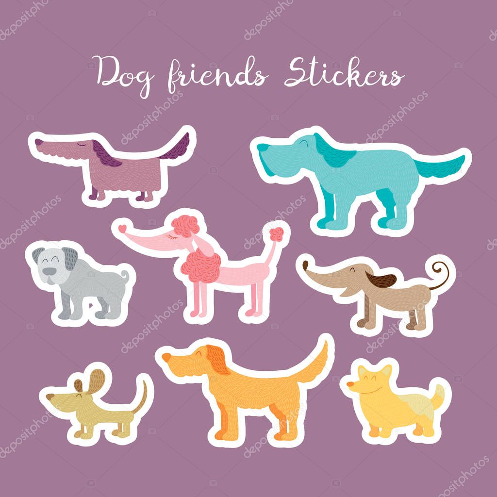 Dog friends vector stickers. Pets colorful isolated illustration in childish style. Cute animals elements for labels and tags design