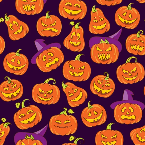 Halloween dovleci înfricoșător model fără sudură. Fundal violet închis cu fețe amuzante portocalii în stil doodle — Vector de stoc