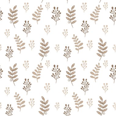 Yaprakları ve otlar Dikişsiz desen vektör. Tatlı botanik arka plan bej ve beyaz renklerde