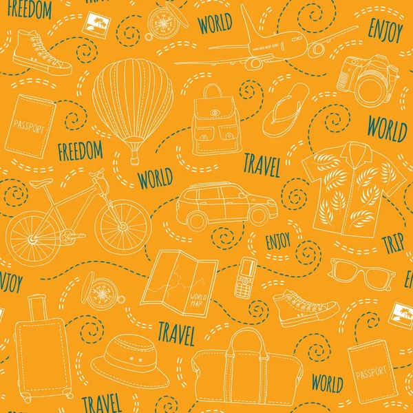 Dünya seyahat vektör seamless modeli. Turuncu arka plan ile el çekilmiş tatil öğeleri