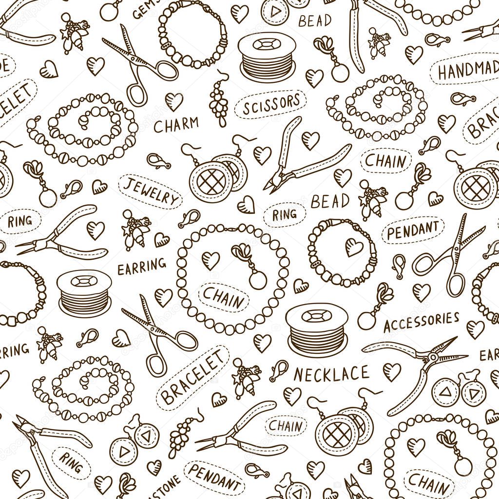 Handmade jewelry elements and tools vector seamless pattern. Beads and accessories monochrome background in sketch style